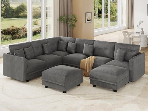 Image of LLappuil Modular Storage Sectional Sofa with Ottoman, U Shaped 8-Seat Corduroy Couch with 7 Throw Pillows, Convertible Sofa Set for Living Room, Skin-Friendly & Soft, Scratch Resistant, Grey