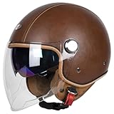 Quickool Open Face Motorcycle Helmets, DOT Approved 3/4 Moped Helmet Dual Visor Quick Release Buckle, Motorcycle Helmets for Adults, Vintage Helmets for Moped Scooter (Brown,S)