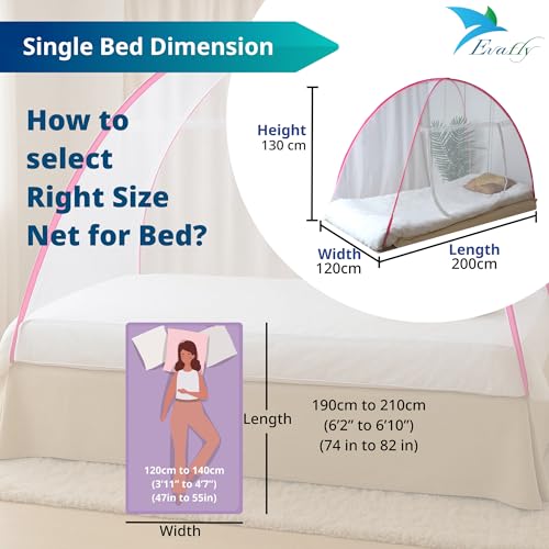 Evafly Mosquito Net for Single Bed Foldable Machardani Polyester Strong Net Flexible Fiberglass Rod Oval Shape -Pink