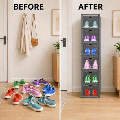 Image of Sulfar 6 Tier Shoe Rack Collapsible Shoe Organiser with Door - Foldable Sneaker Crates Footwear Organiser for Men, Women, Heels, Boots, Loafers, Sneakers, Slippers (Grey)