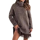 Suéter de cuello alto para mujer, 2 piezas, parte superior de punto suave de gran tamaño, elegante, elegante, casual, elegante, conjunto de falda suelta y cálida, traje de Navidad, ribete de encaje