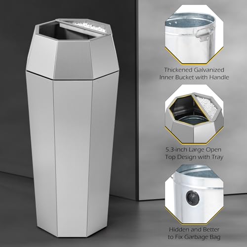 Image of Dyna-Living Commercial Trash Can Large Garbage Can with Lid, Open-top Tall Stainless Steel Trash Bin Industrial Garbage Container for Patio Lobby, Silver
