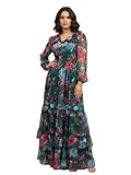 GRECIILOOKS Vestido largo de georgette floral para mujer con cuello en V y mangas largas, vestido ligero escalonado para fiestas, festivales, invitados de boda, Verde, 36