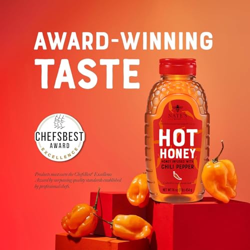 Image of Nate's Hot Honey - 100% Pure Honey Infused with Habanero Chili Pepper Flakes, Award-winning Taste - 16 oz Squeeze Bottle (Pack of 6)