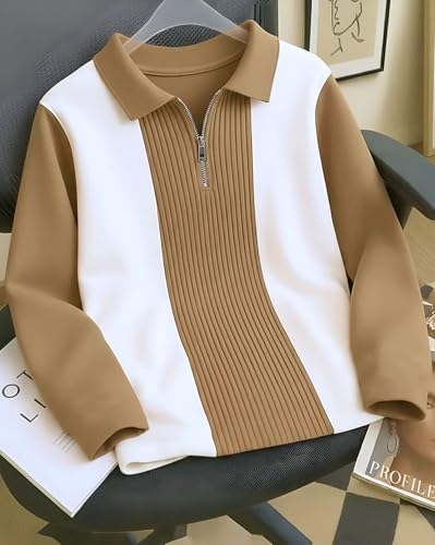 Image of Mens Stylish Half Zipper Collared Neck Tshirt, Casual Texture T-Shirt for Men, Formal Full Sleeves T-Shirt for Boys, Texture Tshirs for Boy