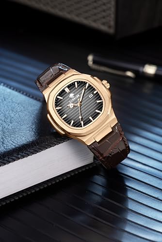 Image of Men Octagonal Rose Gold Luxury Watch for Boy Black Striped Dial, Date Display, Luminous Markers, 30M Waterproof, Leather Strap, Quartz Movement