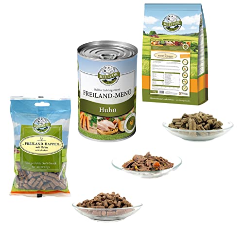 Bellfor Golden Retriever Futter Set Wiesen-Schmaus Trockenfutter 4 kg, Freiland-Menü Nassfutter 400 g & Freiland-Happen 200 g Ohne Getreide & Künstliche Zusätze