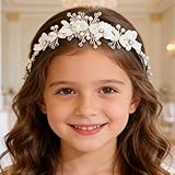 Campsis Cute Princess Wedding Headpiece White Flower Headband Pearl Hair Dress for Girl and Flower Girls