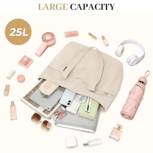 Image of Large Canvas Tote Bag for Women, Beach Bag with Zipper, Utility Tote Bag with 3 Front Pockets, Weekender Pool Bag