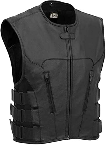 IKLeather Swat Style Leather Vest Mens Motorcycle Biker Tactical Black Stretch (XXL)