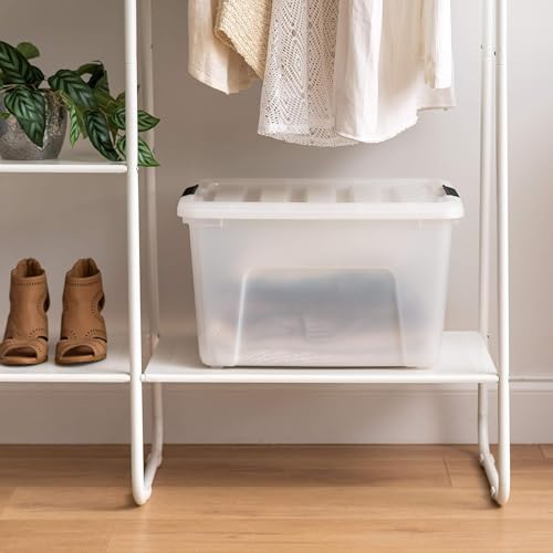 Image of IRIS USA 40 Qt Stackable Plastic Storage Bins with Lids, 4 Pack - BPA-Free, Made in USA - Discreet Organizing Solution, Latches, Durable Nestable Containers, Secure Pull Handle - Pearl