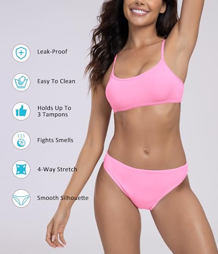 Image of Beautikini Period Spaghetti Straps Bikini Swimwear Bathing Suit for Women | Leakproof Bathing Suit,Removable Pads,Tie Back Spaghetti Straps,4-Layer Leak Proof Lining,Bikini Top and Low Waist Bottoms