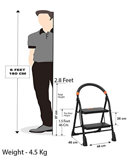 Image of FLIPZON Premium Alloy Steel Cameo Ladder, Foldable with Wide Anti-Slip Steps Durable, Heavy Duty | Guard Rail for Safety | with Anti-Slip and Advanced Locking System, 2 Steps (Black & Orange)
