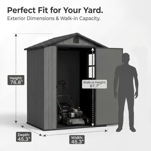 Image of Devoko 4x4 FT Resin Storage Sheds with Floor, Plastic Outdoor Tool Shed with Windows, Waterproof Outside Sheds and Lockable Doors for Backyard Lawn Garden, Dark Gray