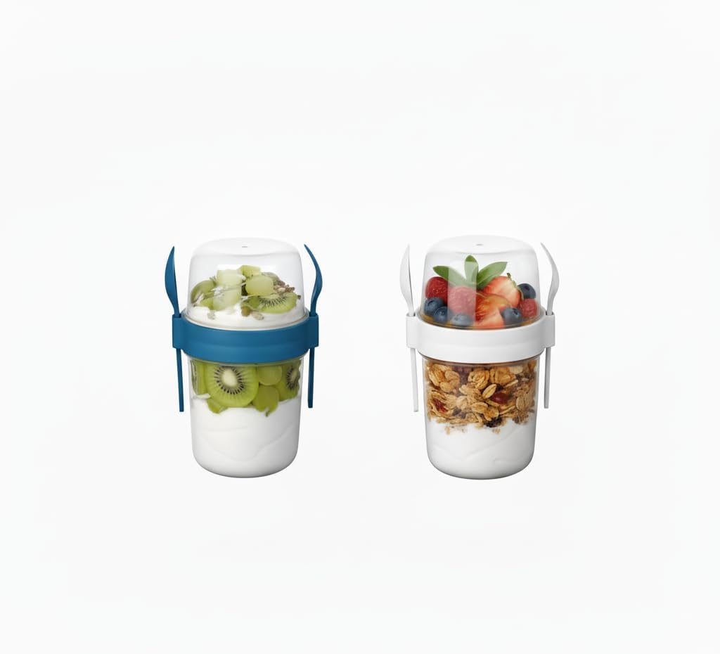 2-Pack 22 oz Portable Breakfast Cups with Lids & Spoons – Reusable Cereal and Yogurt Containers with Topping Compartment – Ideal for Granola, Oatmeal, Overnight Oats & Snacks (Cream-Blue)