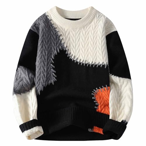 Mens Crewneck Sweater Color Block Pullover Sweater Long Sleeve Knit Sweater Casual Ribbed Sweaters Fall Winter Tops
