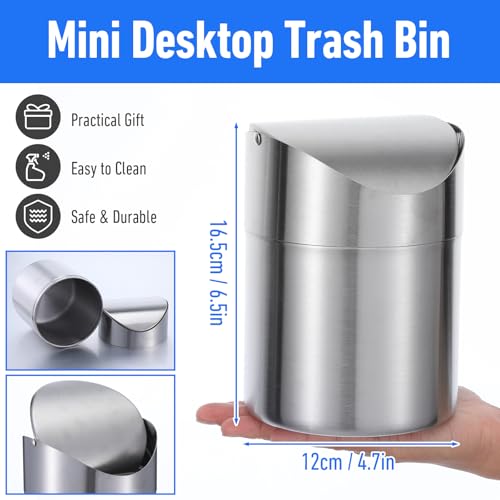 Image of MAQUITA 2 Pcs Desk Trash Can with Swing Lids, 2L Brushed Stainless Steel Countertop Garbage Bin Small Wastebasket with Lid for Office Desk, Coffee Table