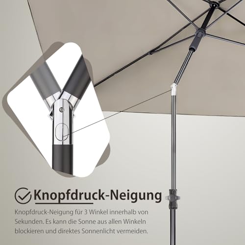 Sekey 210 × 140 cm Sonnenschirm mit Schutzhülle, Balkonschirm Gartenschirm Terrassenschirm, Sonnenschutz UPF50+, Kippbar, Höhenverstellbar, Rechteckig 3