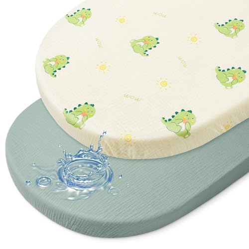 Image of BeBeJoJo Baby Bassinet Sheets TPU Waterproof 2 Pack Soft Muslin Bedside Bassinet Mattress Sheets with Bottom Elastic Band for Baby Boy Girls Unisex Fit Hourglass Oval and Rectangle, Green Dinosaur