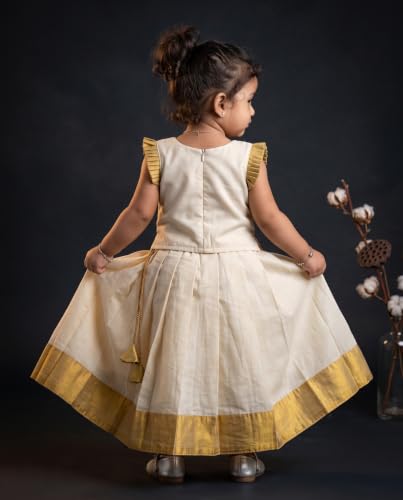 Image of Stanwells Kids Baby Girl Dress Cream Gold Pattu Pavadai Cotton Silk Lehenga Choli Kerala Kasavu South Indian Onam Festival Traditional Ethnic Wear