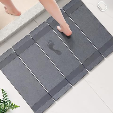 WALL QMER Stone Bath Mat, Big Big Big, 20"x32", Foldable, Non-Slip and Fast Drying Natural Diatomaceous Earth Bathroom Mat, Multifunctional Stone Bath Mats for Bathroom, Easy to Clean, Dark Gray Cover