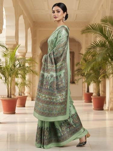 Image of AKHILAM Women's Sea Green Tussar Silk Madhubani Printed Saree With Unstitched Blouse Piece (FF0MDB8405B AI)