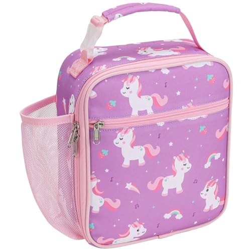 Bagseri Kids Lunch Box for Girls - Insulated Toddler Lunch Bag Fits Bento Box Reusable Daycare Cooler Tote with Clip Handle Water-Resistant Lining Purple Cute Unicorn