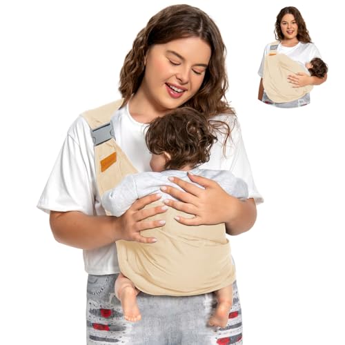Image of Shiaon Baby Sling Carrier, Baby Carrier Newborn to Toddler(7-45lbs), Toddler Carrier with Safety Buckle, One Shoulder Adjustable Shoulder Strap, One Size Fits All, Beige