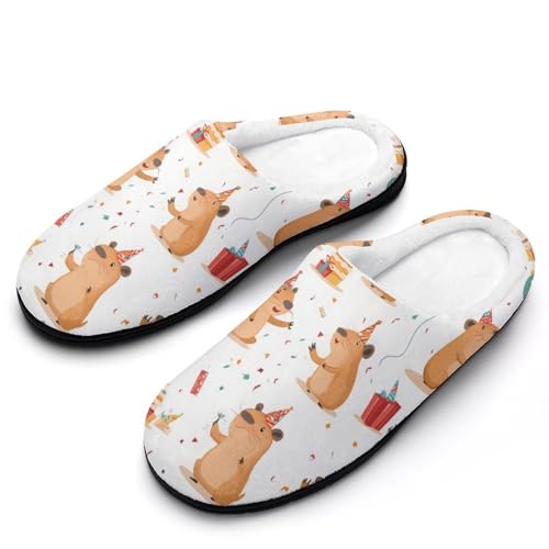 Cute Capybara Happy Birthday Women's Cotton Slippers Indoor Outdoor Slip-on Warm House Shoes with Anti-Skid Rubber Sole