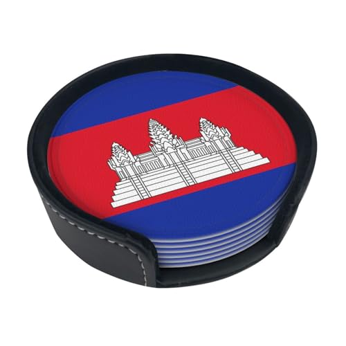 Lot de 6 dessous de verre avec motif drapeau du Cambodge. Élégants, doux, faciles à nettoyer et antidérapants, adaptés pour la maison, le bureau et la cuisine | Lot de 6 avec boîte de rangement