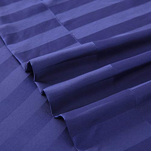 Image of Satin-Silk Sheets King Size Bed Set, Navy Blue Soft Cooling Deep Pocket King Sheets, Hypoallergenic, Wrinkle and Fade Resistant Bedding Set, 3 Piece, Striped
