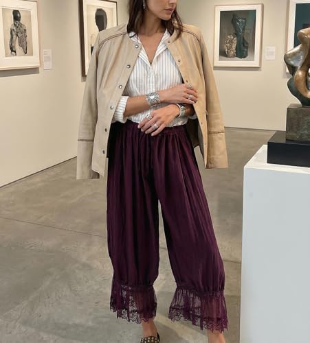 Image of KOSUSANILL Women Long Bloomer Pants Lace Trim Ruffle Pantaloons Cropped Lounge Pajama Bottoms Y2K Capri Pettipants