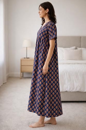 Image of Evolove Cotton Nighty Maxi for Women with Side Pocket | Floral Print Round Neck Short Sleeves Full Length Night Wear Gown