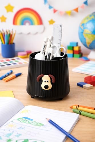 Image of AccuPrints Sumiko Plastic Desk Organiser Pen Holder with Dog Design, Semicircular Shape, 11.5 x 10.5 cm, 4 Compartments, Matte Finish (Black)