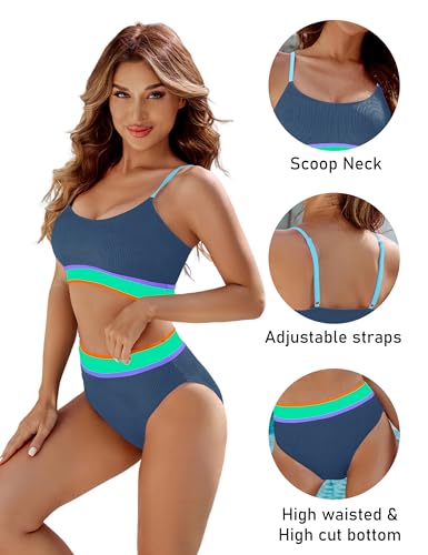 Image of BMJL Women's High Waisted Bikini Ribbed Two Piece Swimsuit High Cut Color Block Adjustable Straps Bathing Suit