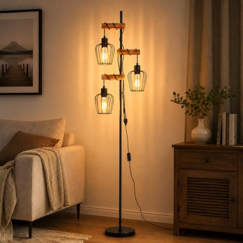 ZMH Lampe sur Pied Vintage Bois Salon : Lampadaire Industriel 3 Feux avec Douille E27, Lumière Décorative Rustique pour Chambre, Sans Ampoule
