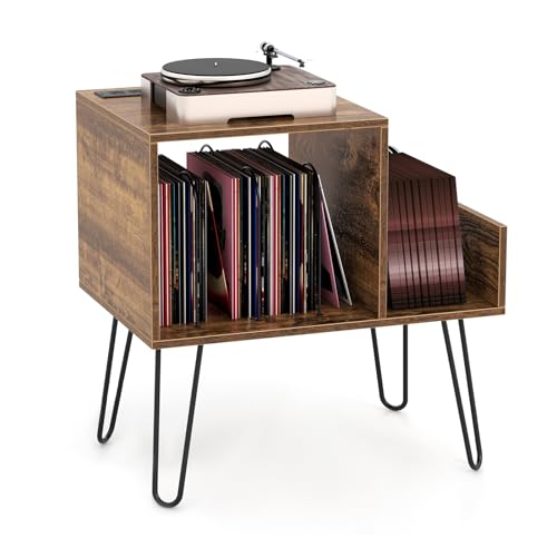 GOPLUS Meuble Platine Vinyle avec Station de Charge, 2Prise&2USB, 66 x 45 x 67 CM, Support pour Tourne-disque avec Séparateur Amovible pour 145 Album, Étagère Ouvert, Pieds en Métal, pour Bureau(Gris)
