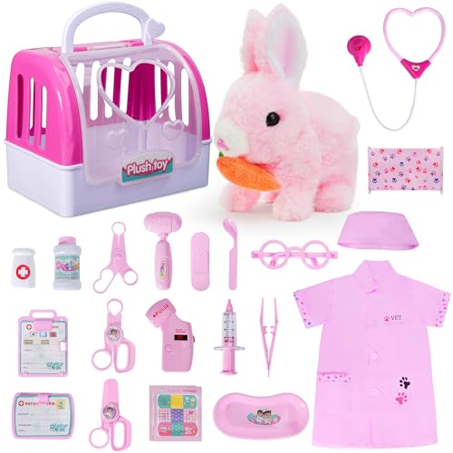 Doctor Kit for Girls -Vet Play Sets for Kids, Pretend Play Doctor Set with Pet Cage and Bunny Toy, Doctor Play Gift for Kids Toddlers Ages 3 4 5 6 Year Old for Role Play (Pink Bunny)