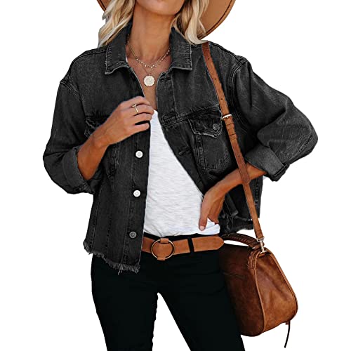 LAVIQK Women's Jean Denim Jacket Classic Trucker Shacket Button Up Frayed Cropped Loose Coats