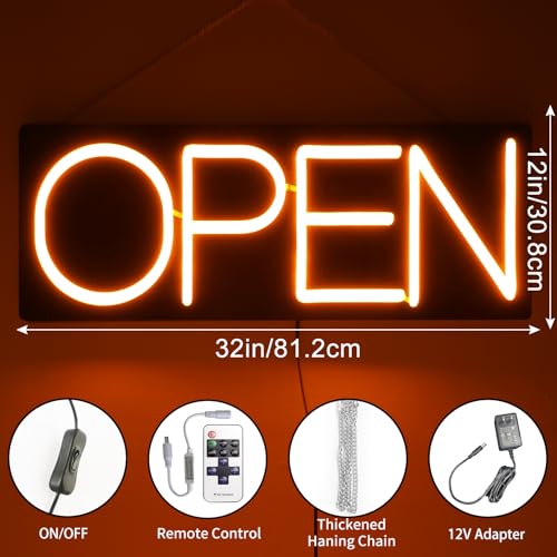 Image of Open Signs for Business 12V /2A Ultra Bright LED Neon Open Sign Lighted Open Sign Electric Light Up Open Sign for Business Storefront Window Glass Door Retail Shop Store Bar Salon Restaurant (Yellow, 32 Inch)