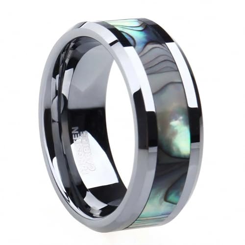 Anillo de tungsteno y concha de abulón con acabado de alta joyería para parejas