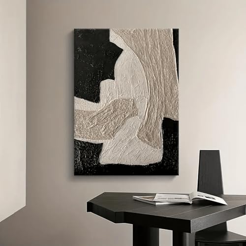 Toile abstraite rayures noires beiges 80x120cm encadrée pour salon