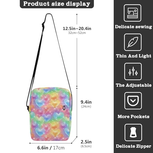 Crossbody Bag Rainbow Colored Hearts Sparkling Lights Messenger Bag for Women Men Purse Shoulder Bag Satchel Bag with Adjustable Strap 202b65573