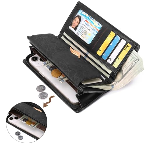 Women's Wallet Leather RFID Blocking Bifold Clutch Large Capacity Credit Card Holder with Coin Zipper Purse3