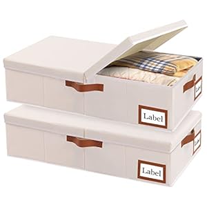 Yawinhe Lot de 2 Sac de Rangement sous Lit avec Couvercle,Housse de Rangement pliable,Avec 3 poignées renforcées,pour Ranger Les vêtements, Couettes,Literie,60x30x15cm,Beige