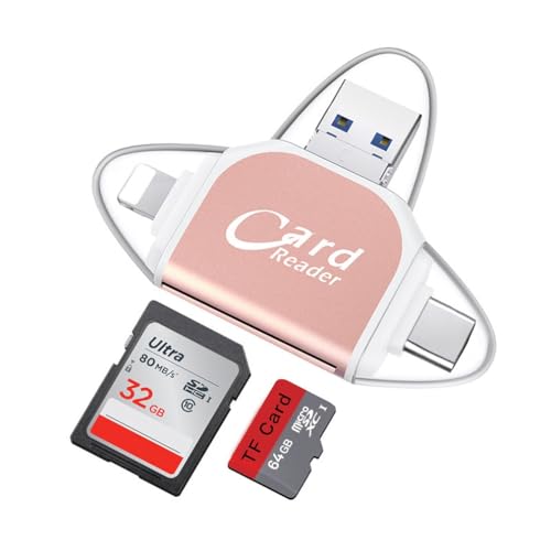 LUCKKY Multi-Port 4 in1 Universal SD TF Card Reader, SD/Micro SD Card Reader, Micro USB SD Card Adapter, USB 3.0 External Memory Card Readers, Micro SD Card Camera Memory Card Reader (Pink)