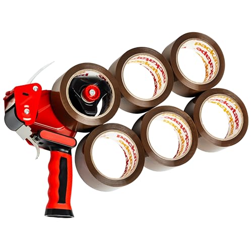 Packatape Packing Tape Gun with 6 Rolls of Extra Strong Brown Tape - Heavy Duty Packaging Tape with Premium Dispenser for Moving Shipping and Storage