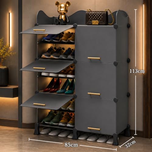 Image of AYSIS Premium Foldable Plastic Shoe Rack for Home, ๐ ๐๐จ๐จ๐ซ ๐๐ ๐๐ก๐๐ฅ๐ Shoe Cabinet, Dustproof & Waterproof Organizer, Portable Space Saving Storage for Entryway, Bedroom & Living Room, Grey