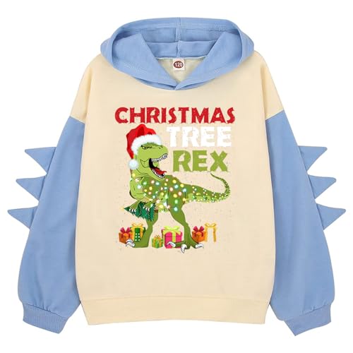 Boy's Fleece Sweatshirts Little Boys Girls Christmas Dinosaur Letter Hoodie Pullover (Light Blue, 12-13 Years)