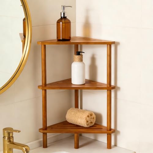 Yoshiky 3-Tier Free Standing Corner Shower Caddy Bamboo Wood Bathroom Shower Shelf for Inside Shower Organizer & Storage Foot Rest Shower Stool